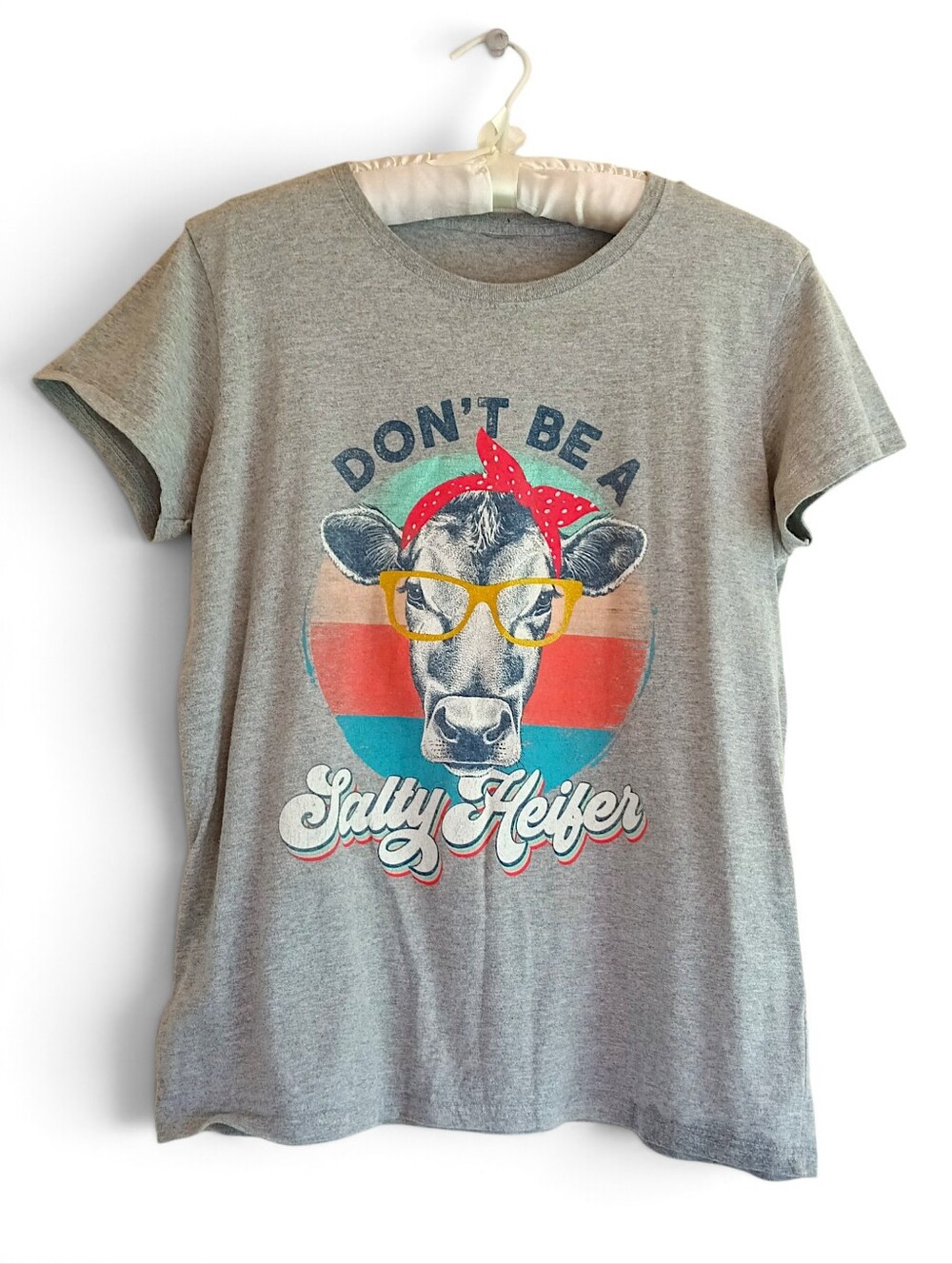 Don't Be a Salty Heifer Graphic Tee Gray Short Sleeve Cow Lover Funny Sarcastic